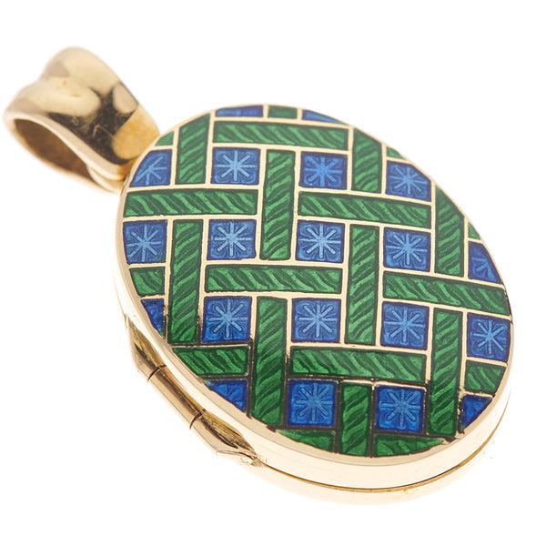 Deakin & Francis 18ct Yellow Gold Royal Blue And Dark Green Enamel Pattern Locket