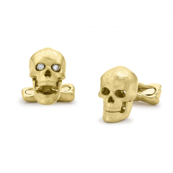 deakin & francis 18ct Yellow Gold Skull Cufflinks with Popping Diamond Eyes