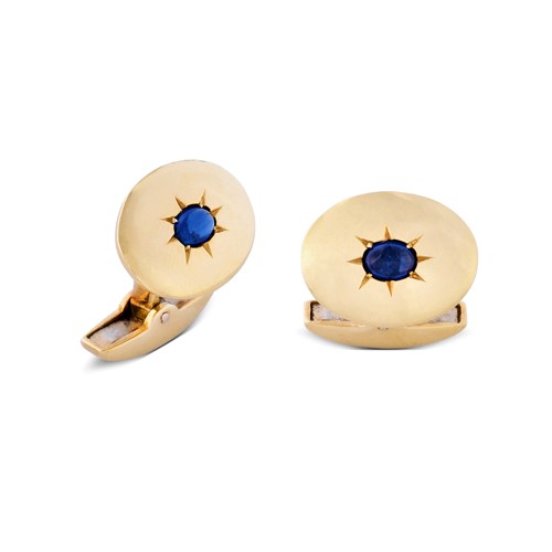 deakin & francis 18ct Yellow Gold Sugarloaf Cufflinks with Blue Sapphire Centre