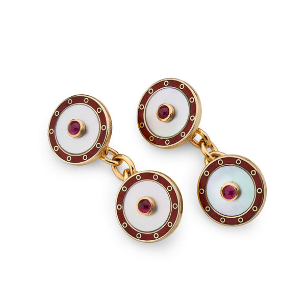 deakin & francis 9ct Yellow Gold Mother Of Pearl Chain Link Cufflinks With Red Enamel Border And Ruby Centre