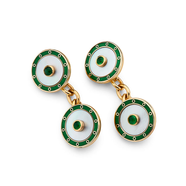 deakin & francis 9ct Yellow Gold Mother Of Pearl Chain Link Cufflinks With Green Enamel Border And Emerald Centre