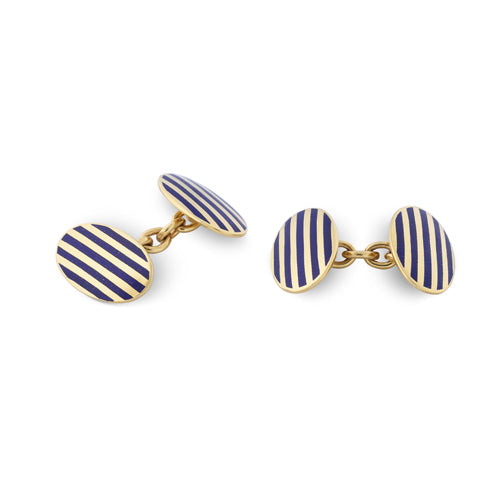 deakin & francis 9ct Yellow Gold Navy Blue Enamel Stripe Cufflinks With Chain Link