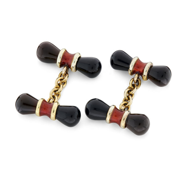 deakin & francis 9ct Yellow Gold Onyx And Red Enamel Dumbbell Cufflinks