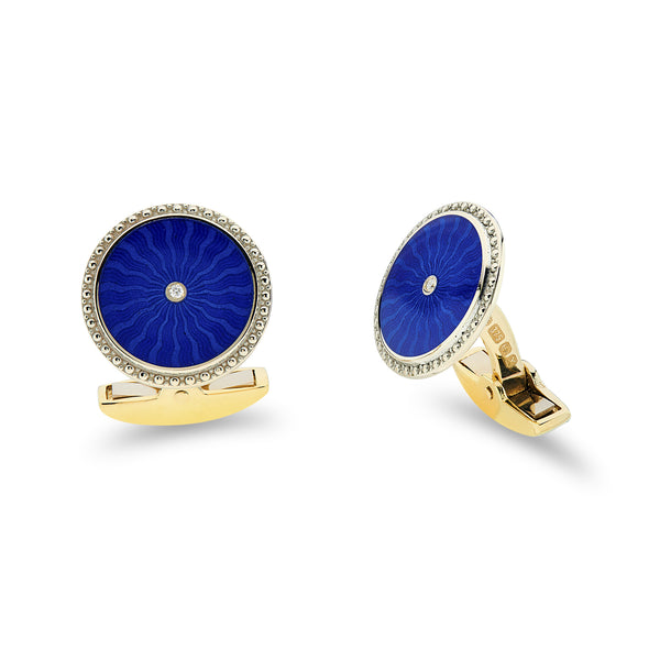deakin & francis 9ct Yellow Gold Round Cufflinks With Royal Blue Enamel & Diamond Centre