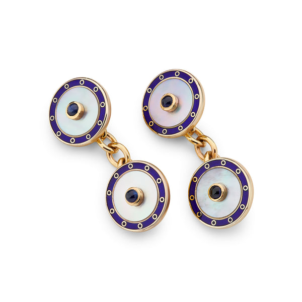 deakin & francis 9ct Yellow Gold White Mother Of Pearl Chain Link Cufflinks With Sapphire Centre