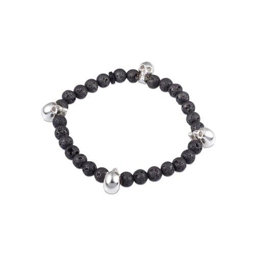 deakin & francis Black Lava Bead Stretch Bracelet with Silver Skulls