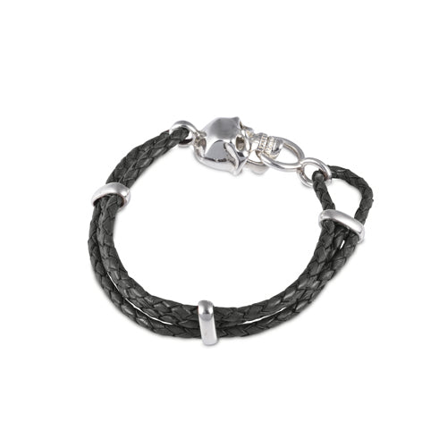 deakin & francis Black Leather Adjustable Bracelet With Skull Clasp In Silver Finish