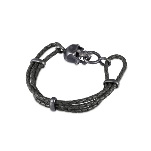 deakin & francis Black Leather Adjustable Bracelet With Skull Clasp In Matte Black Finish
