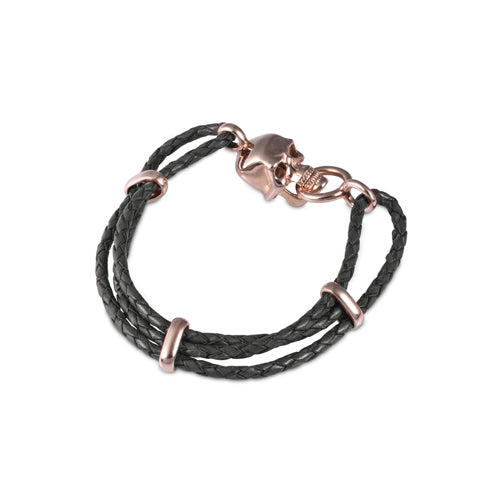 deakin & francis Black Leather Adjustable Bracelet With Skull Clasp In Rose Gold Finish