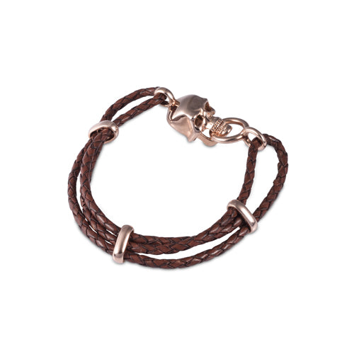 deakin & francis Brown Leather Adjustable Bracelet With Skull Clasp in Rose Gold Finish