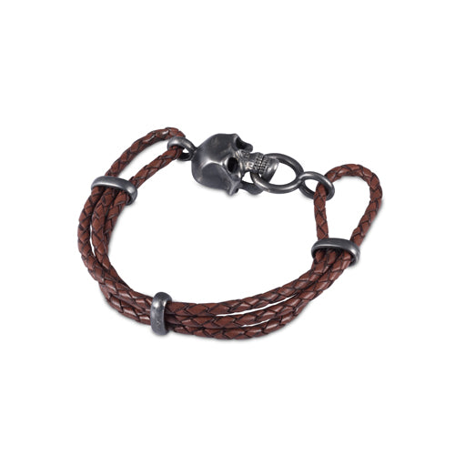 deakin & francis Brown Leather Adjustable Bracelet With Skull Clasp In Matte Black Finish