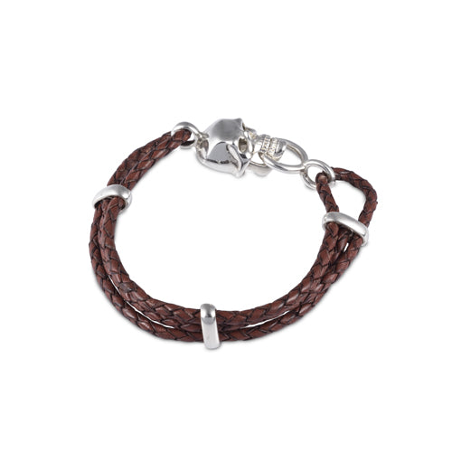 deakin & francis Brown Leather Adjustable Bracelet With Skull Clasp In Silver Finish