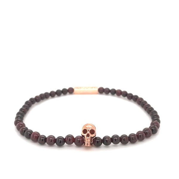 deakin & francis Garnet Bead Stretch Bracelet with Rose Gold Plate Skull