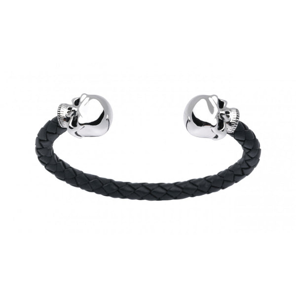 Deakin & Francis Leather Bangle With Sterling Silver Skull Head Ends