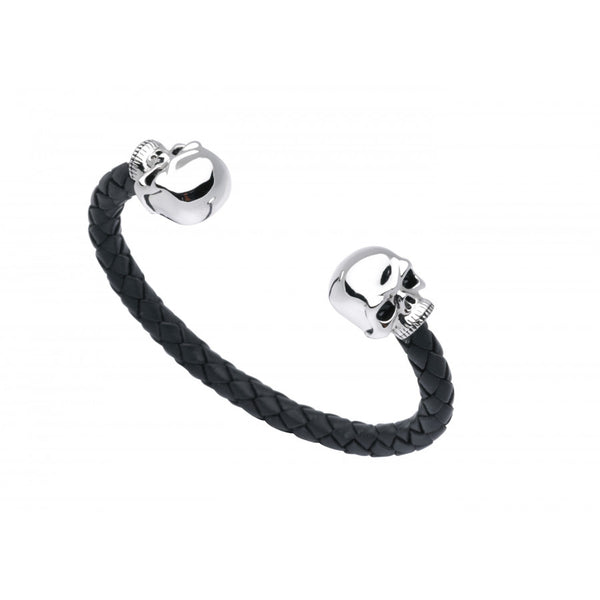 Deakin & Francis Leather Bangle With Sterling Silver Skull Head Ends
