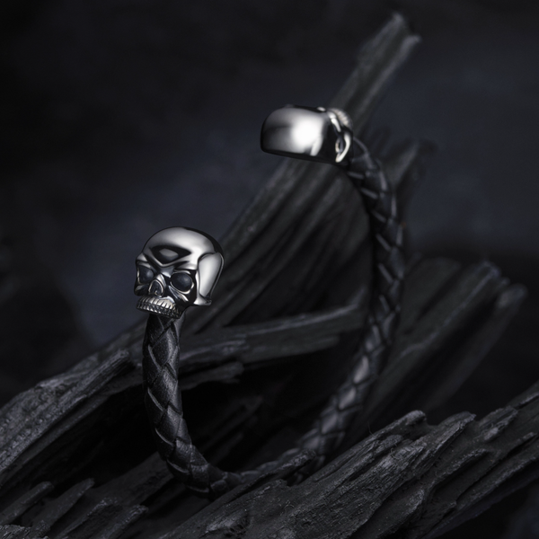 Deakin & Francis Leather Bangle With Sterling Silver Skull Head Ends