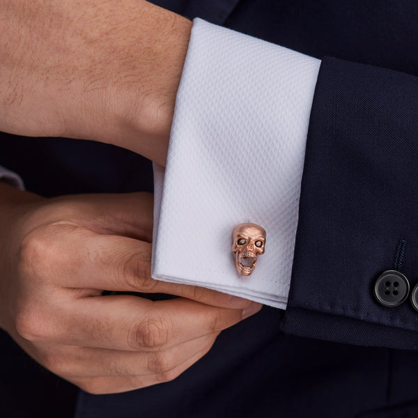 deakin & francis Rose Gold Plated Sterling Silver Skull Cufflinks With Diamond Eyes