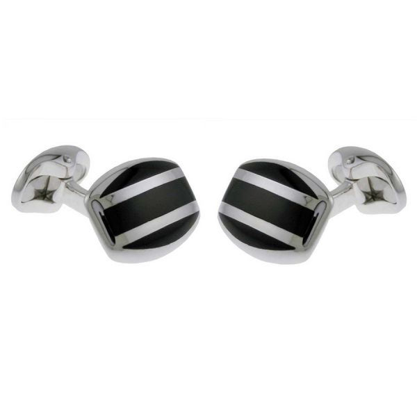deakin & francis Sterling Silver Barrel Cufflinks with Striped Onyx Inlay deakin & francis Sterling Silver Barrel Cufflinks with Striped Onyx Inlay