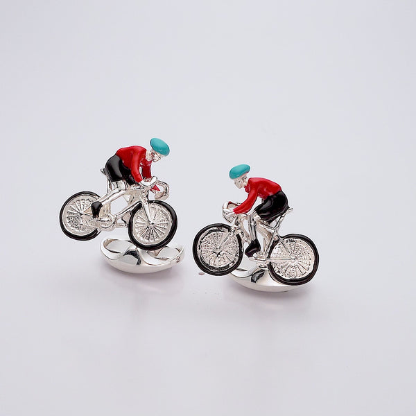 Deakin & Francis Sterling Silver Bike And Rider Cufflinks With Blue And Red Enamel Detailing