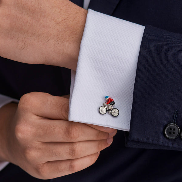 Deakin & Francis Sterling Silver Bike And Rider Cufflinks With Blue And Red Enamel Detailing