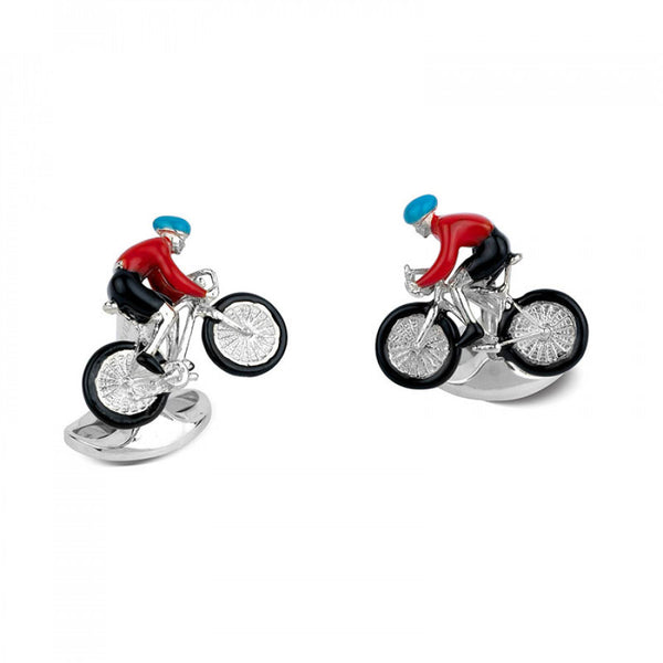 deakin & francis Sterling Silver Bike and Rider Cufflinks with Blue and Red Enamel Detailing