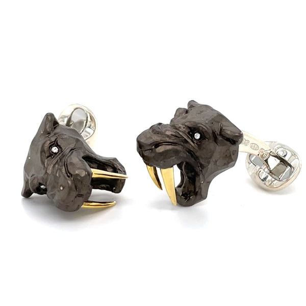 deakin & francis Sterling Silver Black Saber-Tooth Tiger Cufflinks with Gold Plated Teeth