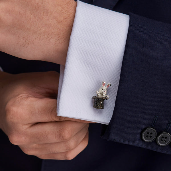 Deakin & Francis Sterling Silver Black Spinel Rabbit In Hat Cufflinks