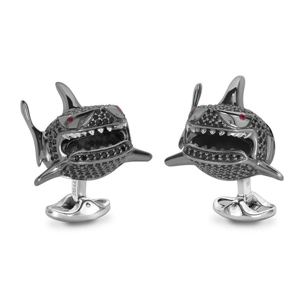 deakin & francis Sterling Silver Black Spinel Shark Cufflinks