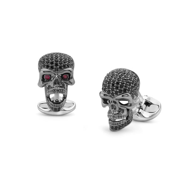 deakin & francis Sterling Silver Black Spinel Skull Cufflinks