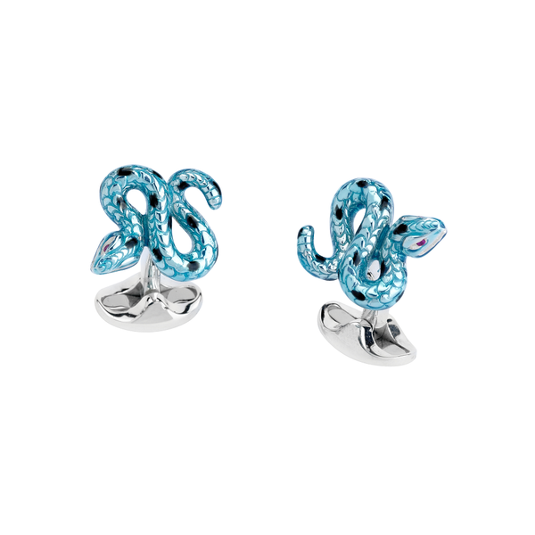 deakin & francis Sterling Silver Blue and Black Enamel Snake Cufflinks