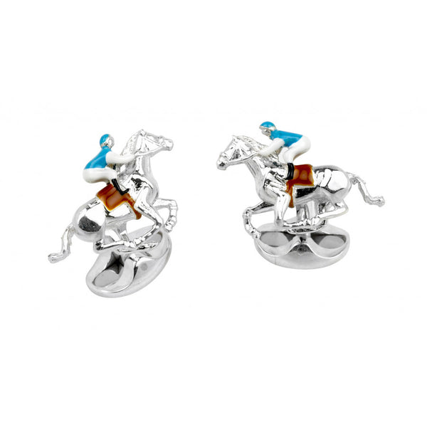deakin & francis Sterling Silver Blue and Brown Horse and Jockey Cufflinks