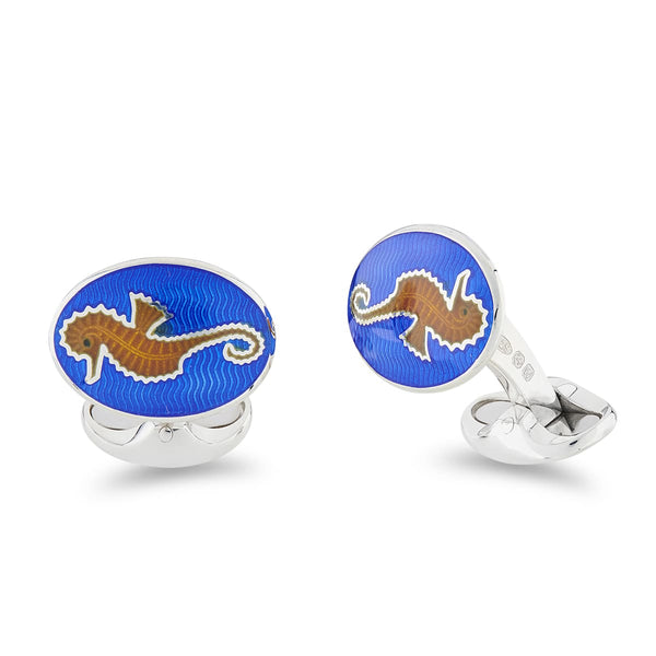 deakin & francis Sterling Silver Blue And Orange Enamel Seahorse Cufflinks