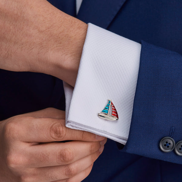 Deakin & Francis Sterling Silver Blue And Red Enamel Yacht Cufflinks