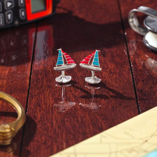 Deakin & Francis Sterling Silver Blue And Red Enamel Yacht Cufflinks