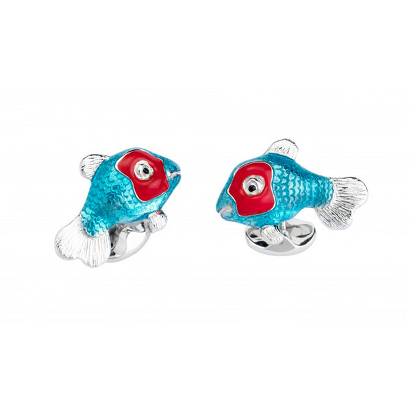deakin & francis Sterling Silver Blue and Red Tropical Fish Cufflinks