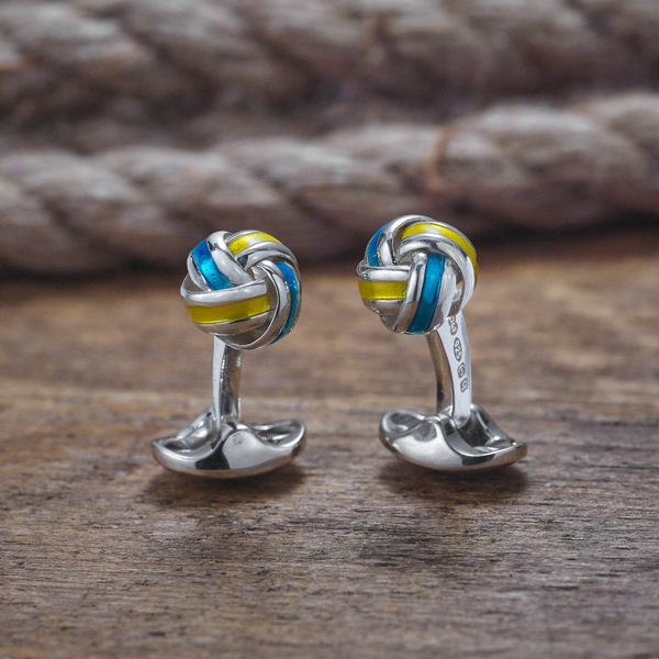 Deakin & Francis Sterling Silver Blue And Yellow Enamel Knot Cufflinks
