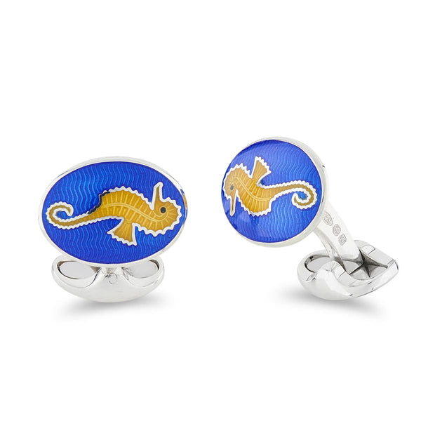 deakin & francis Sterling Silver Blue And Yellow Enamel Seahorse Cufflinks