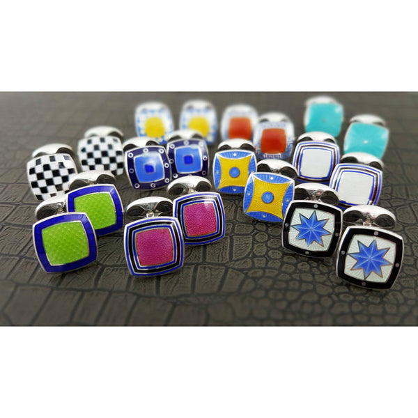 Deakin & Francis Sterling Silver Blue Enamel Cufflinks With Black Patterned Border