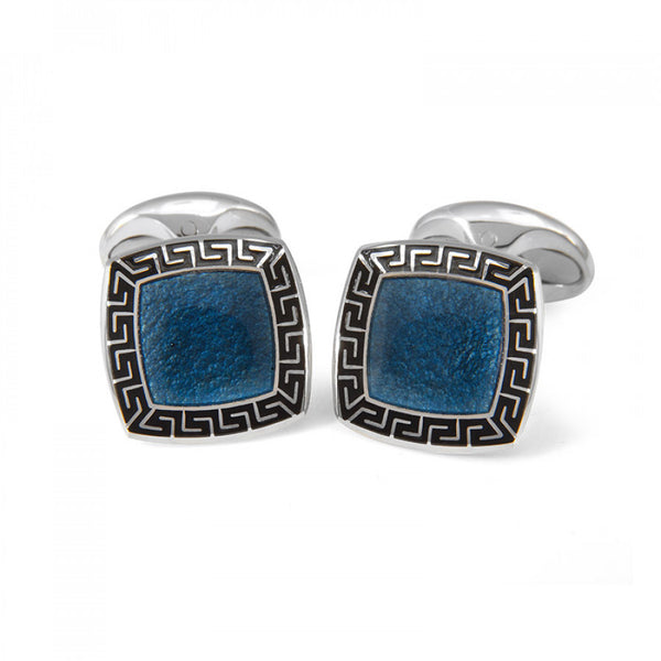 deakin & francis Sterling Silver Blue Enamel Cufflinks with Black Patterned Border