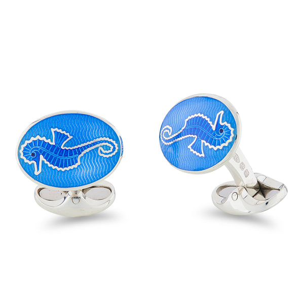 deakin & francis Sterling Silver Blue Enamel Seahorse Cufflinks
