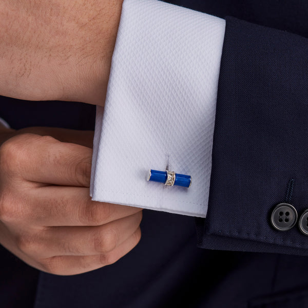Deakin & Francis Sterling Silver Blue Enamel & White Spinel Centre Bar Cufflinks