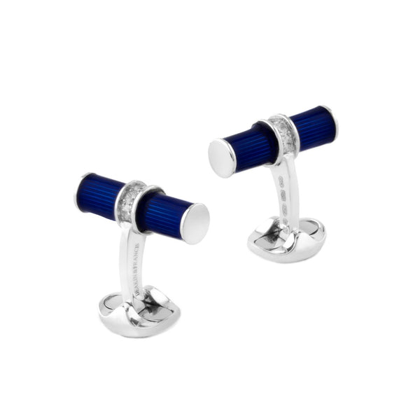 deakin & francis Sterling Silver Blue Enamel & White Spinel Centre Bar Cufflinks