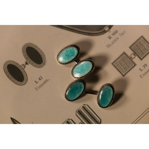 Deakin & Francis Sterling Silver Blue Oval Vitreous Enamel Vintage Cufflinks