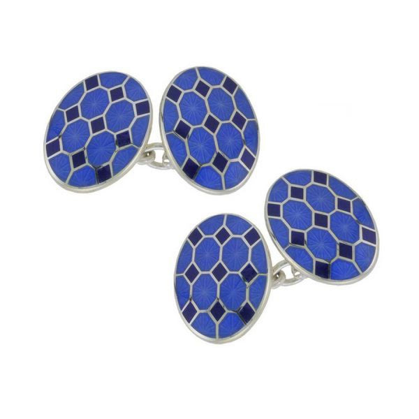 deakin & francis Sterling Silver Blue Patterned Enamel Chain Link Cufflinks