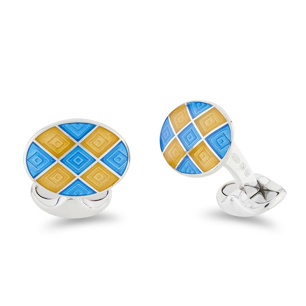deakin & francis Sterling Silver Bright Yellow And Blue Enamel Chequer Pattern Cufflinks