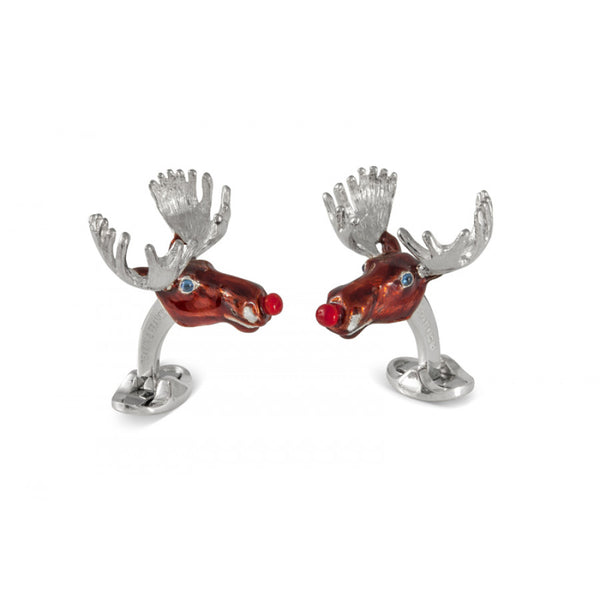 deakin & francis Sterling Silver Christmas Moose Cufflinks with Red Noses