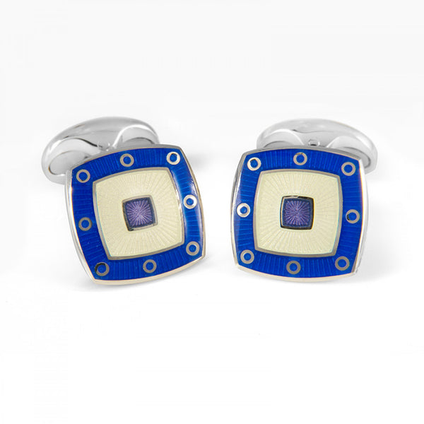 deakin & francis Sterling Silver Clear Enamel Cufflinks With Blue Spot Border