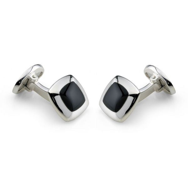 deakin & francis Sterling Silver Cushion Cufflinks with Onyx Inlay