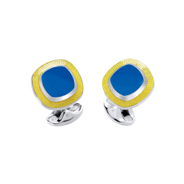 deakin & francis Sterling Silver Cushion Shape Blue Enamel Cufflinks With Yellow Enamel Border