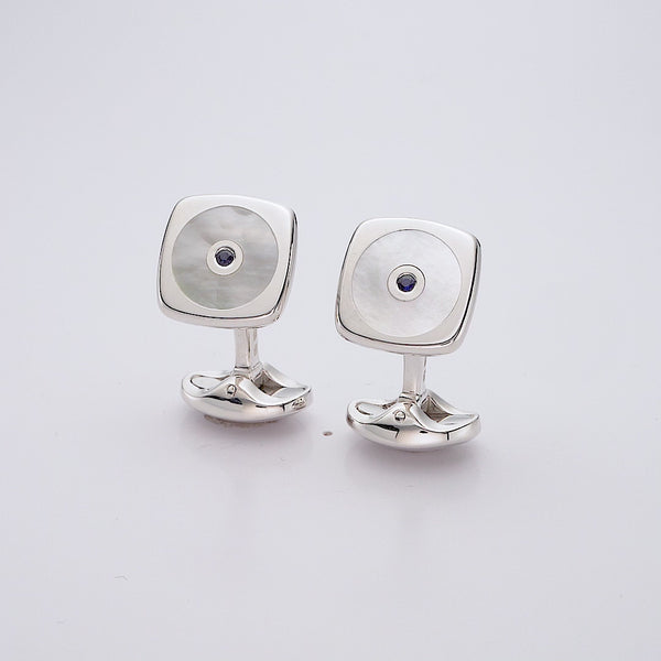 Deakin & Francis Sterling Silver Cushion Shape Cufflinks With Round Mother-of-Pearl And Sapphire Centre